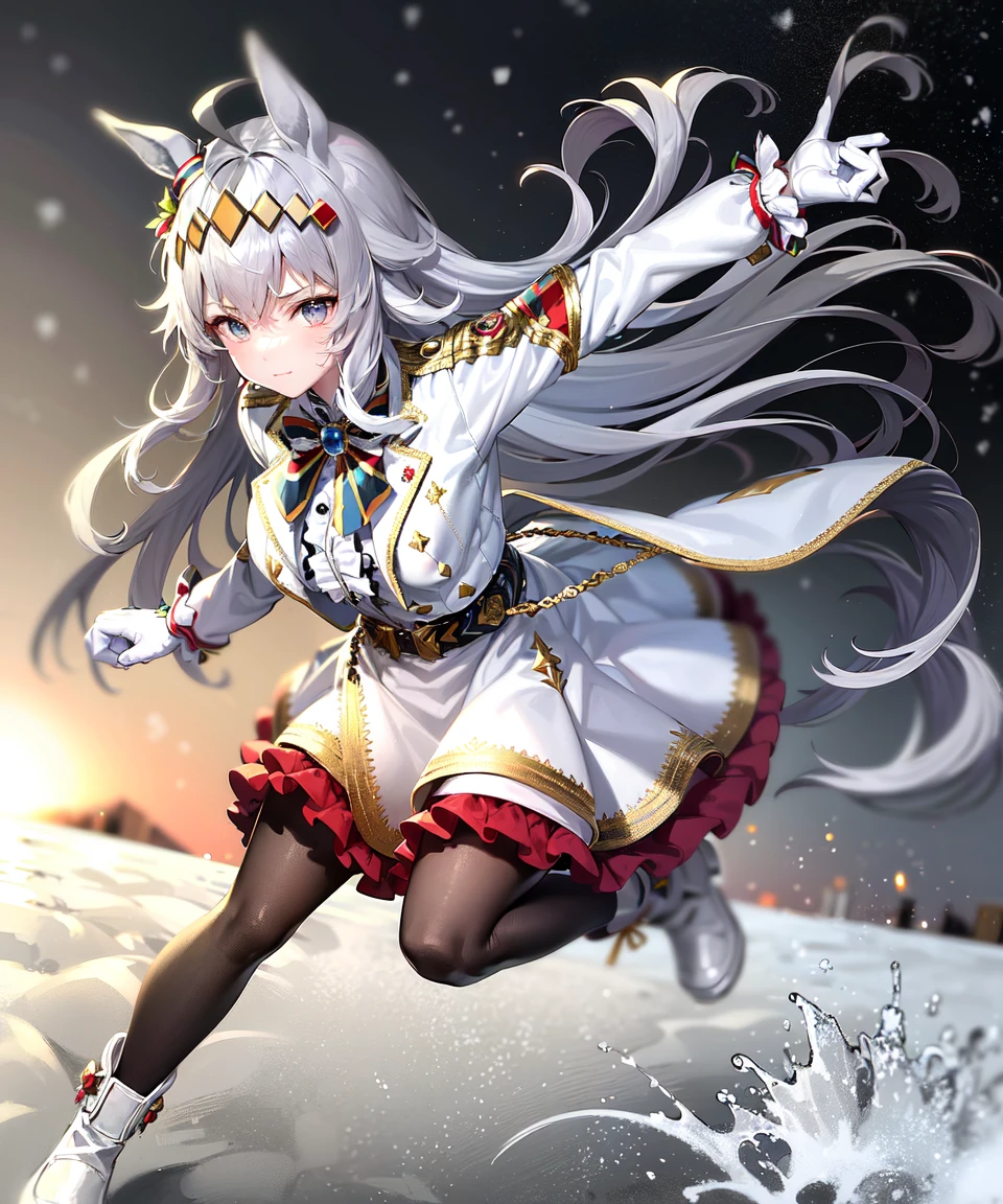 masterpiece, best quality,
oguri cap \(umamusume\), closed mouth, (running:1.3), dynamic angle,
christmas hair ornament, white gloves, white jacket, black pantyhose, white shirt, frills, white skirt, white vest, belt, grey legwear,
full body, snow horizon, stars in sky backgrounds, moon,
<lora:oguri_cap_lora-000007:0.7>