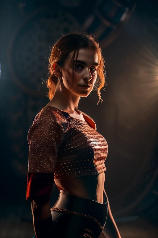 studio portrait of Victorian young woman wearing intricate attire, smokey background, mist, graceful body structure, (rim lighting,:1.4) two tone lighting, red hue, octane, unreal, to8contrast style