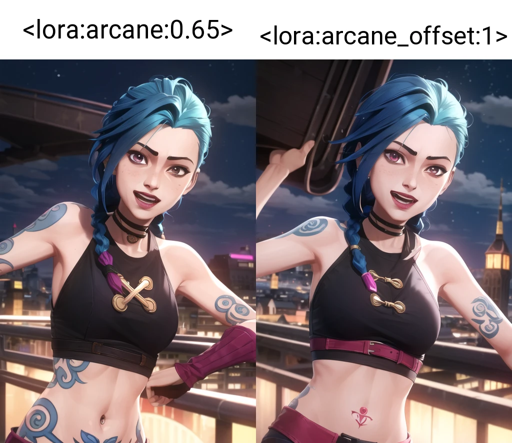arcane style,
1girl, arm tattoo, asymmetrical bangs, bangs, blue hair, braid, brown shirt, cloud tattoo, looking at viewer, laughing, crazy, uncontrollable laugh, mad look, night, city, green hair, long hair, midriff, pink eyes, red lips, shirt, solo, standing, tattoo, twin braids, upper body, arcane jinx, jinx \(league of legends\)
<lora:arcane:0.65>