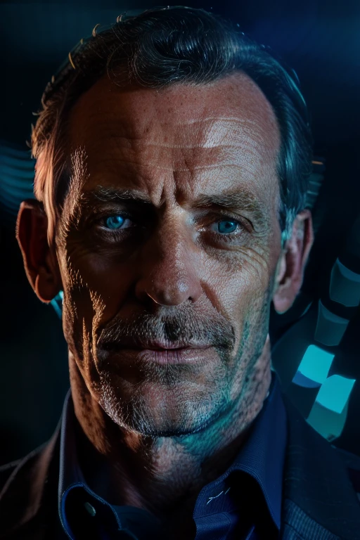 award winning photo of hugh laurie posing in a dark studio, (rim lighting,:1.4) two tone lighting, sharp focus, teal hue, octane, unreal, dimly lit, low key, to8contrast style