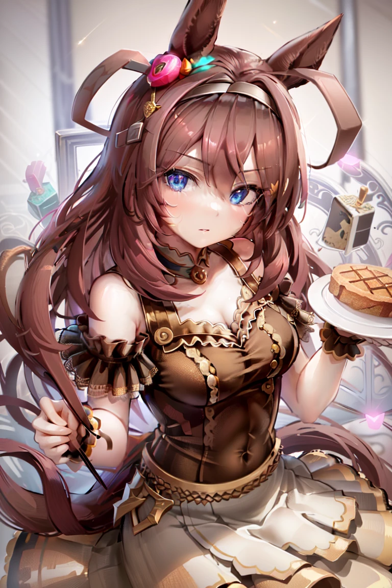 masterpiece, best quality,
mihono bourbon \(umamusume\),
valentine, apron, brown dress, sleeveless dress, black hairband, shoulder cutout, food hair ornament,
<lora:mihono_bourbon_lora-000010:0.9>