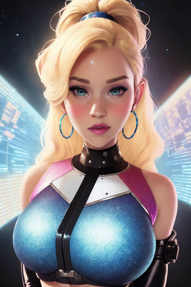 (dreamlikeart style:1.0),( redshift style:1.2),(analog style:1.2), (studio_ghibli_anime_style style:0.9), (copeseethemald style:1.1),(thepit bimbo:1),(glossy sexy bimbo:1), masterpiece, hires,

([Gwen Stefani|Emma Watson]:1.2), young woman, 1girl, solo, fashion, shiny transparent jacket,
latex crop-top, beautifully detailed blue_eyes, smile, short hair, blonde_hair, black gloves, fist,
intricate spaceship, iridescent, chromatic aberration, medium shot,

(psychedelic color:0.7),

cover art, illustration, studio shot,

skin pores, realistic skin, athletic,
smooth skin, subsurface skin scattering, shiny skin, shiny_skin, realistic proportions,
choker, earrings, eyelashes, eyeshadow, lips, lipstick, jewelry, makeup, nose, parted_lips, dancing, navel,
spaceship, futuristic, aliens, galaxy, stars, space, sci-fi, map, lasers, robots,