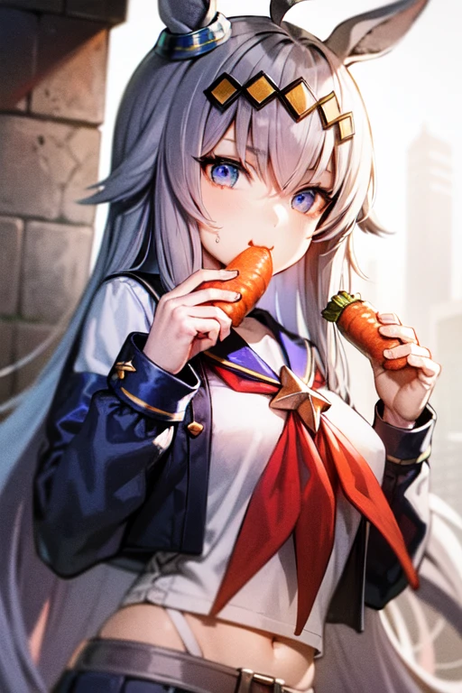 masterpiece, best quality,
oguri cap \(umamusume\),
navel, blue skirt, long sleeves, pleated skirt, sailor collar, red neckerchief, belt, black pantyhose, white jacket, white shirt,
mouth hold big size carrot, eating food,
upper body,
<lora:oguri_cap_lora-000007:0.7>