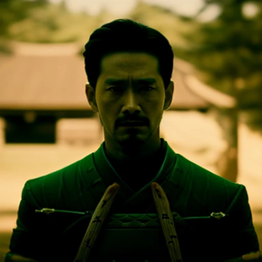 (35mmstyle:1) artstyle close up portrait photo Film still of a Samurai dressed as a Samurai standing in the wilderness, Enchanting forest in background, desaturated, depth of field