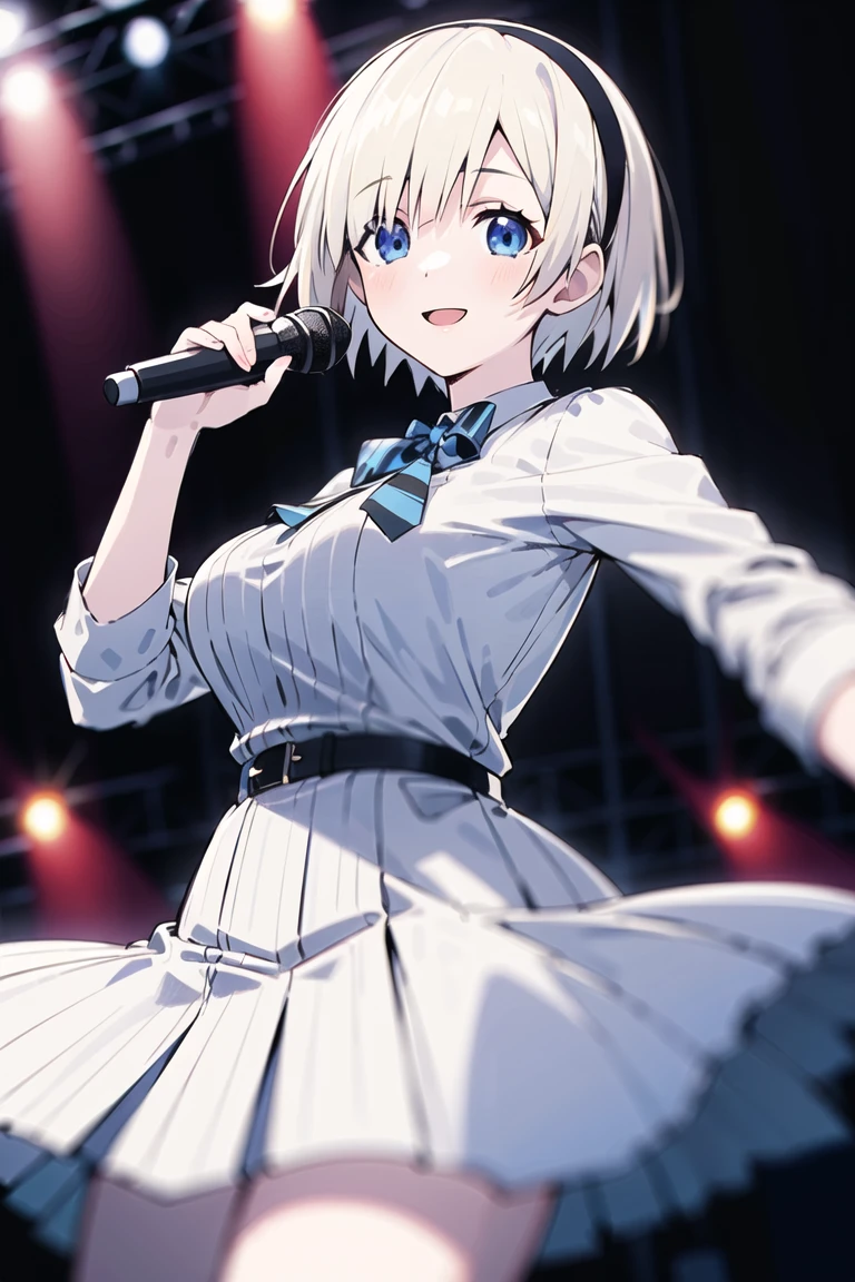 <lora:okuzora kohaku:0.55>,okuzora kohaku,
(best quality),(masterpiece),highres,ultra-detailed,illustration,(detailed light),
solo,1girl,teenage,
blonde hair,short hair,hairband,bangs,blue eyes,ultra-detailed eyes,large breasts,kind smile,white dress,long sleeves, bowtie, striped,stage, singing
