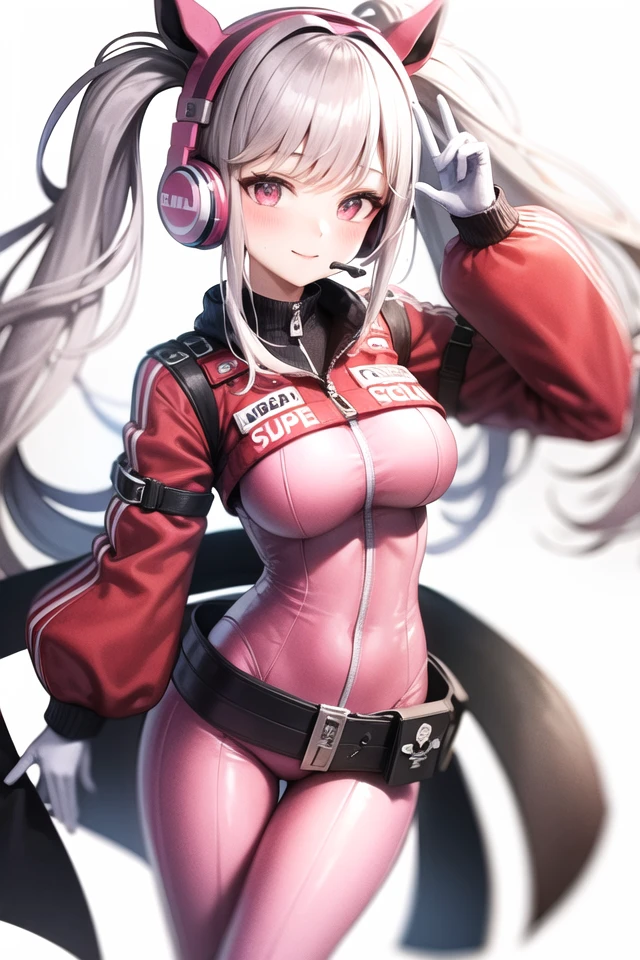 1girl, animal ears, bangs, blush, bodysuit, breasts, closed mouth, fake animal ears, gloves, headphones, headset, horse ears, impossible clothes, jacket, large breasts, long hair, long sleeves, looking at viewer, pink bodysuit, pink eyes, simple background, skin tight, smile, solo, twintails, upper body, very long hair, white background, white gloves, white hair,alice \(nikke\),(masterpiece:1.4),(best quality:1.4),(shiny skin),realistic