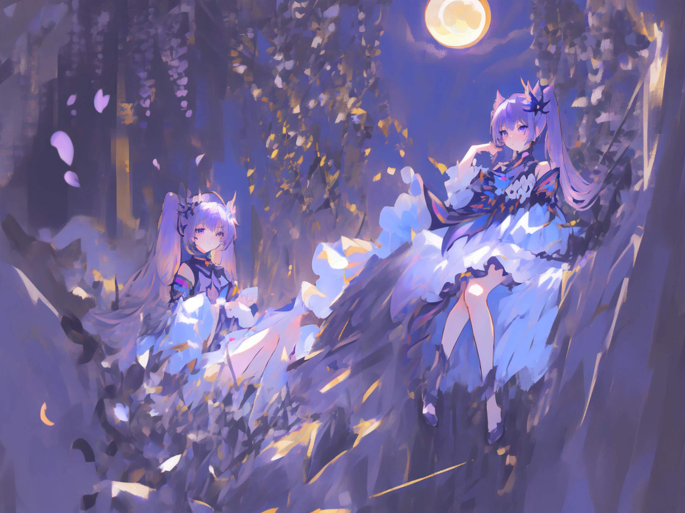 (mksks style), masterpiece, best quality, ultra-detailed, illustration, 1girl, night time, moon light, siting on grass, purple luminous butterfly, full body, bare shoulder,{beautiful detailed eyes} twintail, purple hair <lora:keqing:0.85>