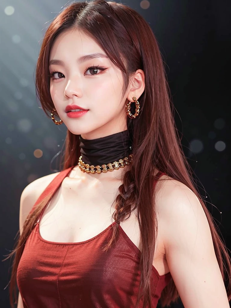 portrait of yeji,  black turtleneck top, golden chain, smiling, red lips, slender body, <lora:Yeji Itzy:0.7>