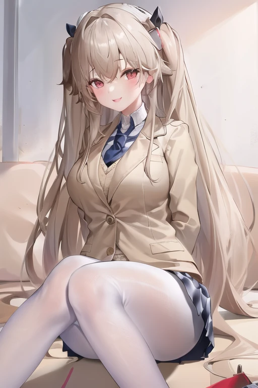 acrgazln, (masterpiece:1.3), absurdres, 1girl, solo, very long hair, (arms behind back), beige blazer, (checkered miniskirt), white pantyhose, sitting, smile, kindergarten, <lora:acrgazln_release:0.8>