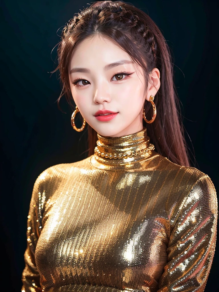 portrait of yeji, black turtleneck top, golden chain, smiling, red lips, slender body, <lora:Yeji Itzy:0.7>