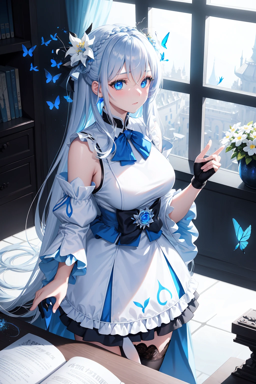 (Overhead view),dynamic angle,ultra-detailed, illustration, close-up, straight on, 1girl, (fantasy:1.4), (azure blue eyes:1.233),Her eyes shone like dreamy stars,(glowing eyes:1.233),(beautiful and detailed eyes:1.1),(Silver hair:1.14),(messy hair,very long hair,french braid,hair between eyes,sidelocks), (+(bule hair flower:1.14)),(chiffon dress,bule flower pattern in uniform)/=(military uniform:1.24),(detached sleeves,wide sleeves),(fingerless gloves),choker,(miko thighhighs),High heeled boots,(expressionless,closed mouth),(standing), (classical Princess boudoir with dressing table<books> and french window<a epic view outside the window> in a white ancient palaces),(white flowers,bloom),(abysmal sea),(flowing water),(a dull blue world tree:1.14),(ruins),(night:1.2),dreamy,soul,(fluorescence),(flying translucent blue butterflies:1.15), [[delicate fingers and hands:0.55]::0.85],(detail fingers),(yubao:0.5),