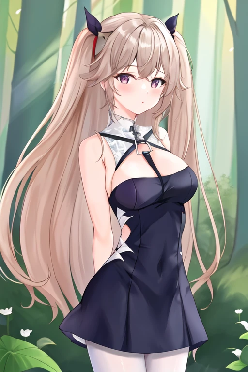 acrgazln, (masterpiece:1.3), absurdres, delicate face, 1girl, solo, (taut dress), tight dress, microdress,  (white pantyhose), forest, (arms behind back), <lora:acrgazln_release:0.8>