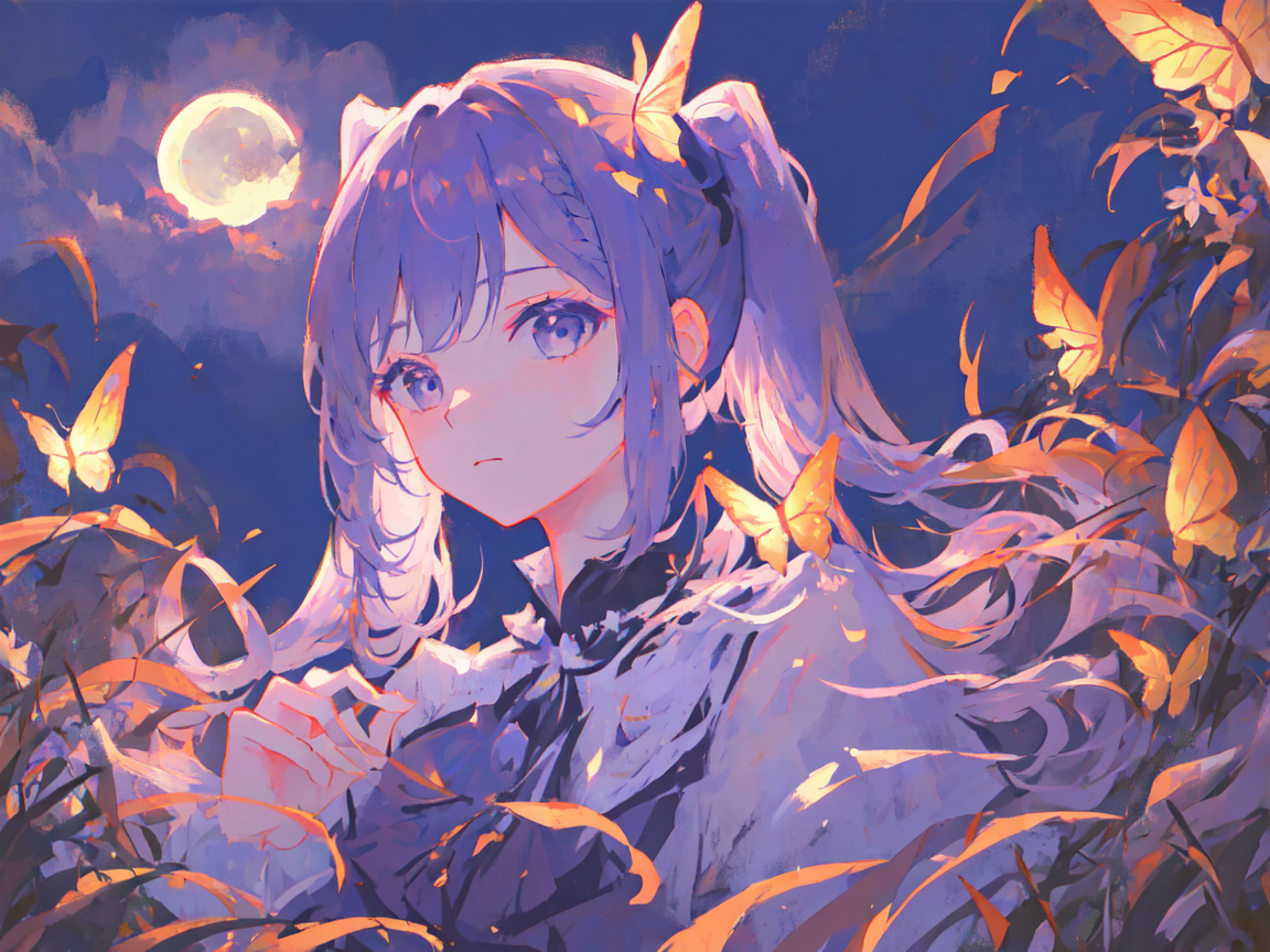 (mksks style), masterpiece, best quality, ultra-detailed, illustration, portrait, 1girl, night time, moon light, siiting on grass, luminous butterfly, twintail, purple hair <lora:keqing:0.75>