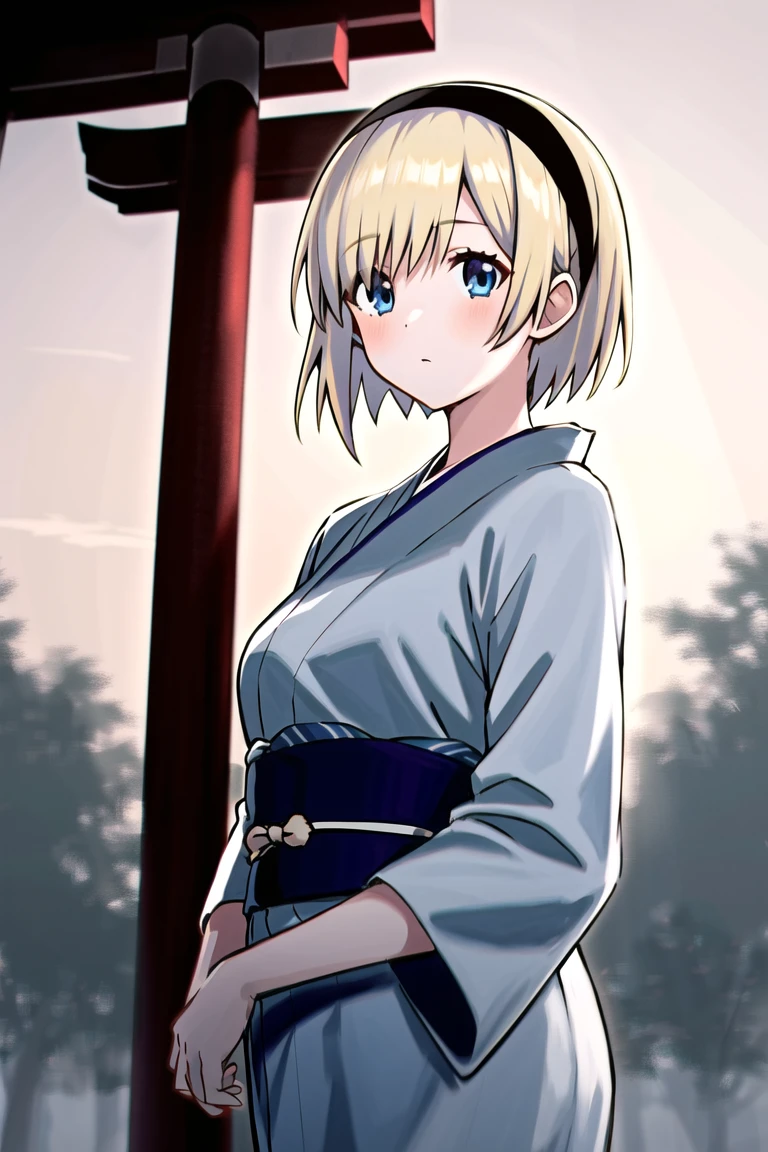 <lora:okuzora kohaku:0.55>,okuzora kohaku,
(best quality),(masterpiece),highres,ultra-detailed,illustration,(detailed light),
solo,1girl,teenage,
blonde hair,short hair,hairband,bangs,blue eyes,ultra-detailed eyes,medium breasts,colorful yukata,outdoors, torii