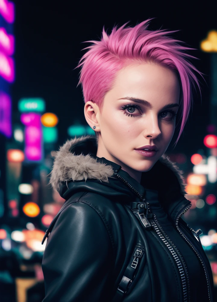 award winning photo of natlp as a cyberpunk hacker, wearing torn black leather jacket, leather gloves, short spiky pink hair, cute perky butt, dark skin, dense cyberpunk street, dive bar, neon holograms in background, dark, ominous, foggy, high contrast, shiny skin, soft lighting, backlighting, bloom, light sparkles, chromatic aberration, pink hair