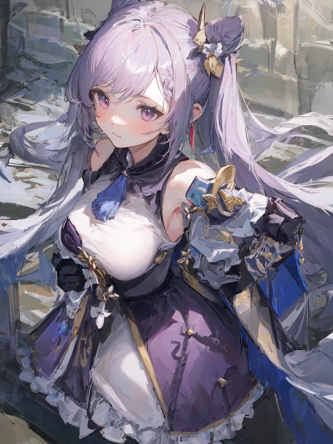 ((masterpiece, best quality)), close-up, straight on, face focus,((1 girl)), {long hair}, ((big breasts)), standing, hair ornamen, gloves, (incredible absurdity), gilded frame, (detailed light),lighting, colorful, layered backgrounds, (gothic architecture), pond, (gorgeous background), dynamic angle, delicate background, (shine),keqing \(genshin impact\),twintail, purple hair <lora:keqing:0.75>