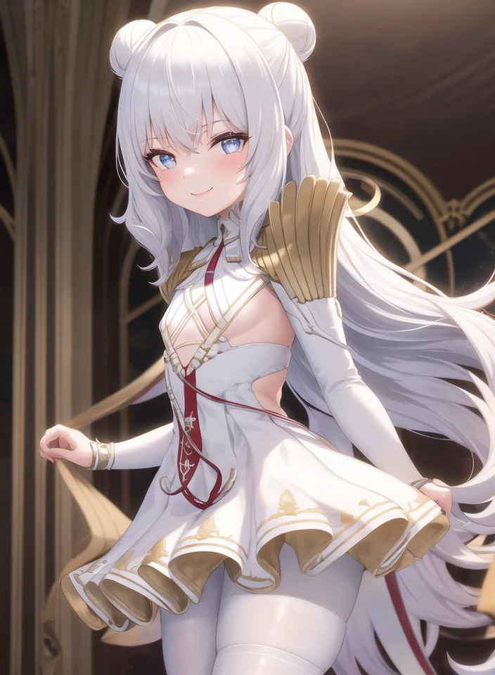 1girl,masterclass,best quality, ultra-detailed, illustration,indoors, smile,small breasts,cowboy shot, double bun, underboob cutout, white dress, white pantyhose, LeMalinDefault, pauldrons, epaulettes, pleated dress <lora:LeMalin_V6_8dim_e6:1>