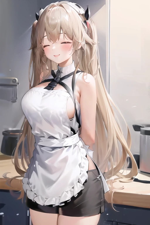 acrgazln, (masterpiece:1.3), absurdres, 1girl, solo, very long hair, (arms behind back), short shorts, apron, thigh boots, smile, closed eyes, kitchen, <lora:acrgazln_release:0.8>