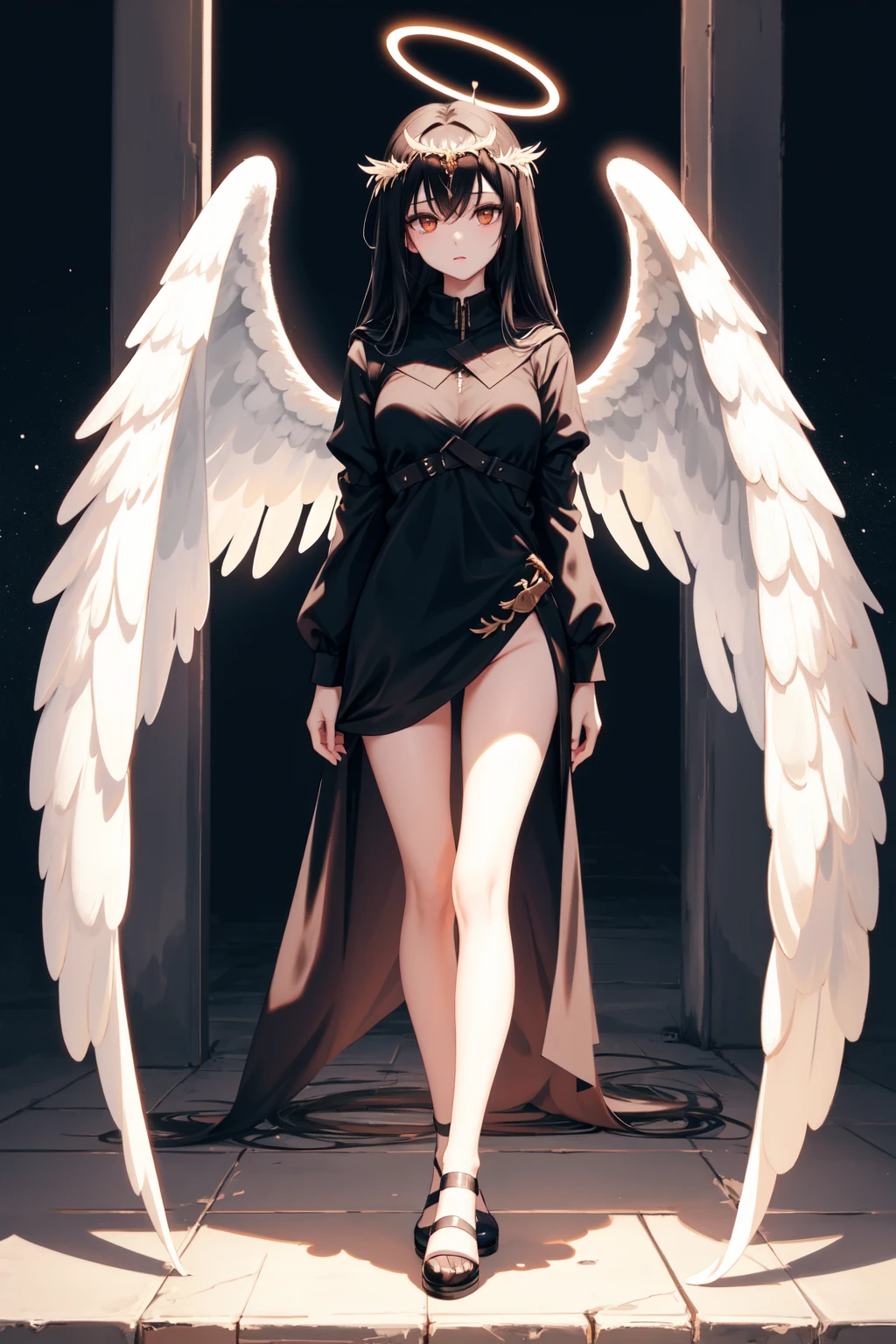 masterpiece, best quality, 1girl, black hair, angel of death, innocent, brown eyes, diadem, angel wings, black clothes, full body, arms behind back, sky, halo, post-apocalypse,
