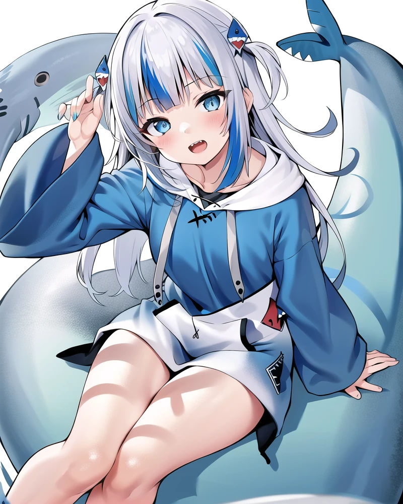 best quality,highly detailed,masterpiece,ultra-detailed,solo,(1girl),Delicate eyes,(white background:1.3),multicolored_hair, tail, virtual_youtuber, gawr_gura,expressionless, blue_hair, fish_tail, streaked_hair, shark_tail, hoodie, teeth, shark_hair_ornament, blue_eyes, hood, hair_ornament, blunt_bangs, open_mouth, blue_hoodie, solo, two-tone_hair, two_side_up, letterboxed, bangs, long_hair,