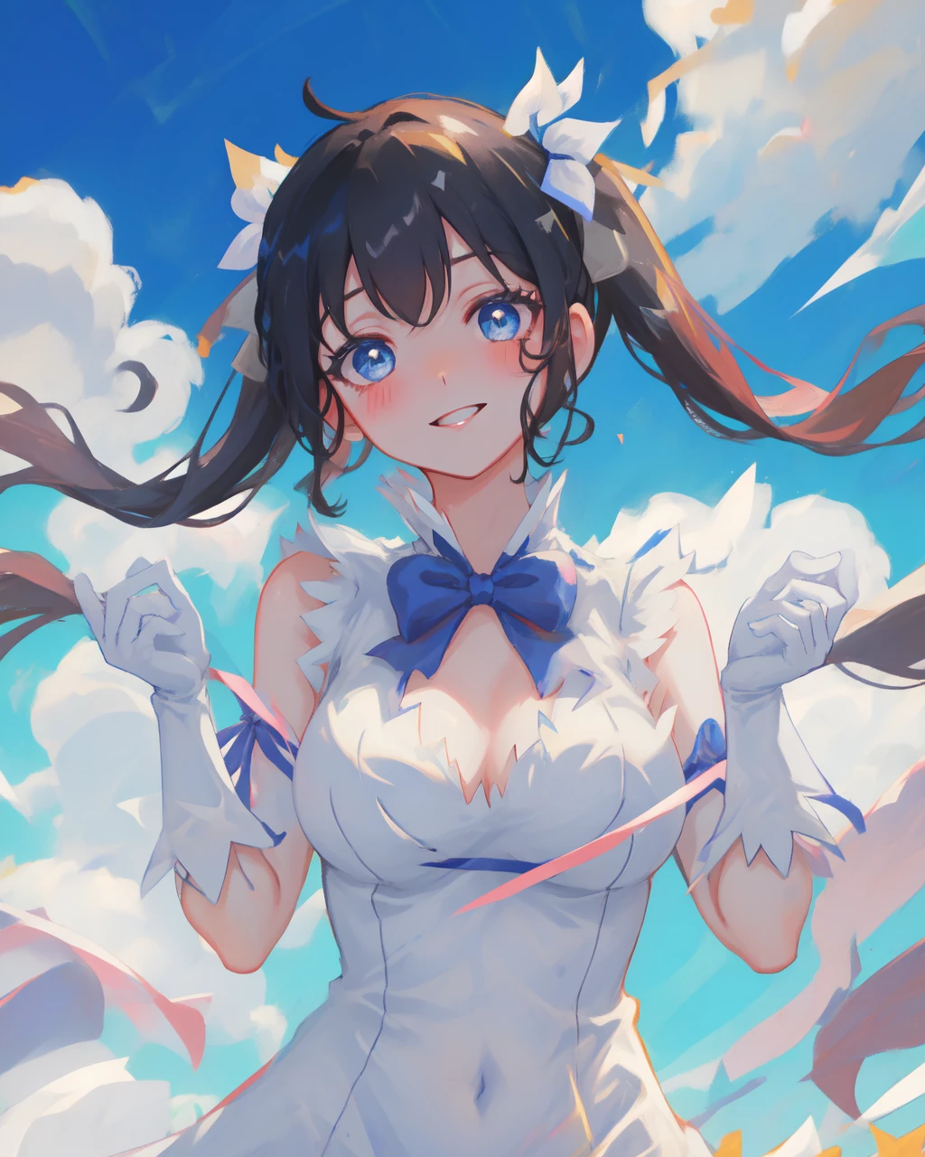 mksks style, masterpiece, best quality, long eyelashes, eyeliner, eyeshadow, mascara, colorful, pink lips, deep skin, looking at viewer, upper body, curvy, hestia (danmachi), 1girl, breasts, solo, long hair, blue ribbon, twintails, gloves, ribbon, dress, rei no himo, large breasts, blue eyes, black hair, white gloves, cleavage, white dress, looking at viewer, light smile, closed mouth, hair ribbon, bow, sleeveless, sleeveless dress, bangs, blush, cleavage cutout, hair ornament, bowtie, clothing cutout, very long hair, covered navel, arm ribbon, shiny skin, outdoors, grassy fields, blue sky, cloudy sky, tight, taut dress, breast focus, upper body,