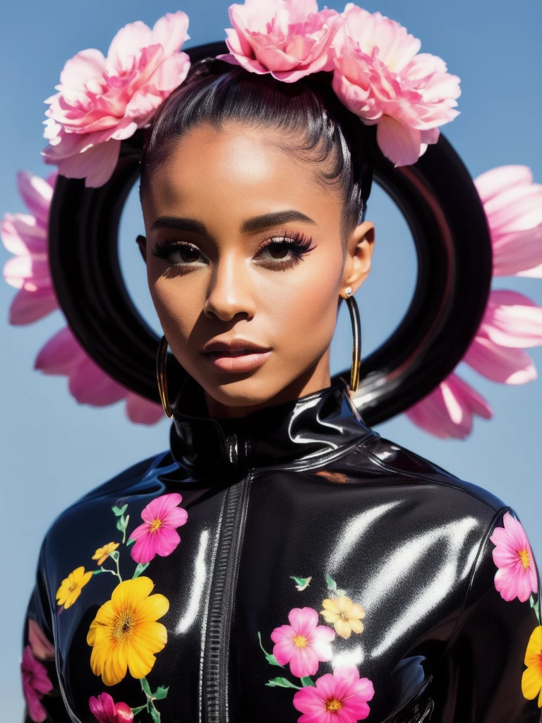 professional model shoot photo, black girl look like Ariana Grande (highly detailed:1.1), colourful latex  jacket, Tokyo flowers,  crop top, perfect black eyes, sharp focus, 8k high definition, insanely detailed, intricate
elegant