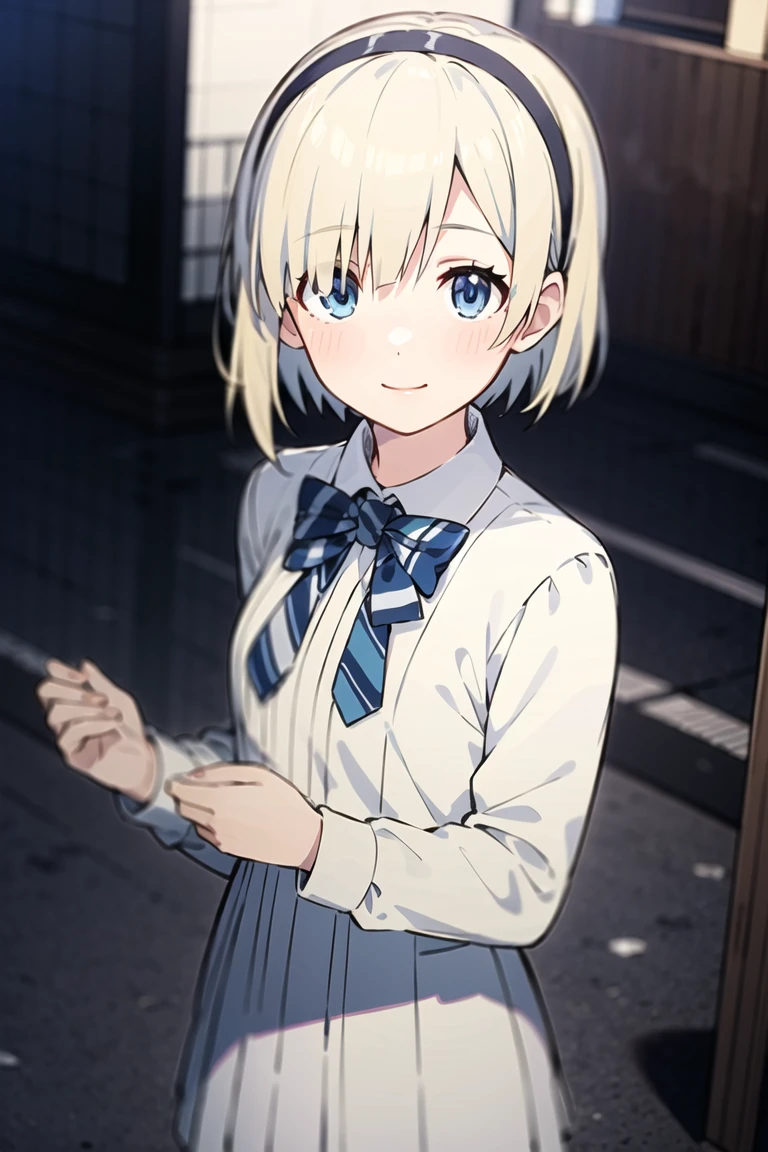 <lora:okuzora kohaku:0.55>,okuzora kohaku,
(best quality),(masterpiece),highres,ultra-detailed,illustration,(detailed light),
solo,1girl,teenage,
blonde hair,short hair,hairband,bangs,blue eyes,ultra-detailed eyes,kind smile,white dress,long sleeves, bowtie, striped,outdoors, shibuya \(tokyo\),