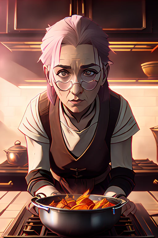 (old woman:1.1), (granny:1.1) cooking in a kitchen, futuristic arcan3