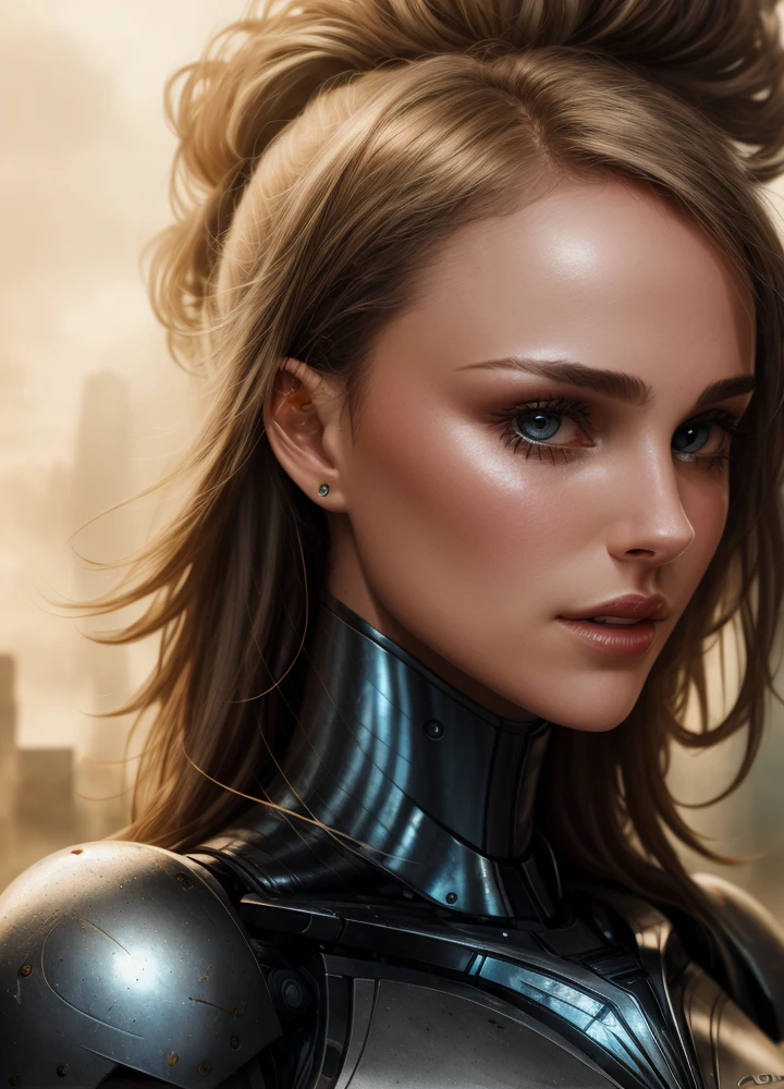 medium shot photo of sexy woman, (natlp), cyborg wearing scratched and tarnished futuristic armor in a destroyed futuristic city, fantasy, sci-fi, beautiful feminine face, seductive, sexual, mist, vivid alluring eyes, best quality masterpiece, photorealistic, detailed, 8k, HDR, shallow depth of field, broad light, high contrast, backlighting, bloom, light sparkles, chromatic aberration, sharp focus, RAW color photo