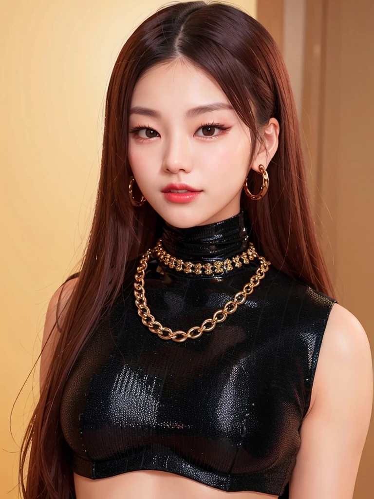 portrait of yeji,  black turtleneck top, golden chain, smiling, red lips, slender body, <lora:Yeji Itzy:0.7>