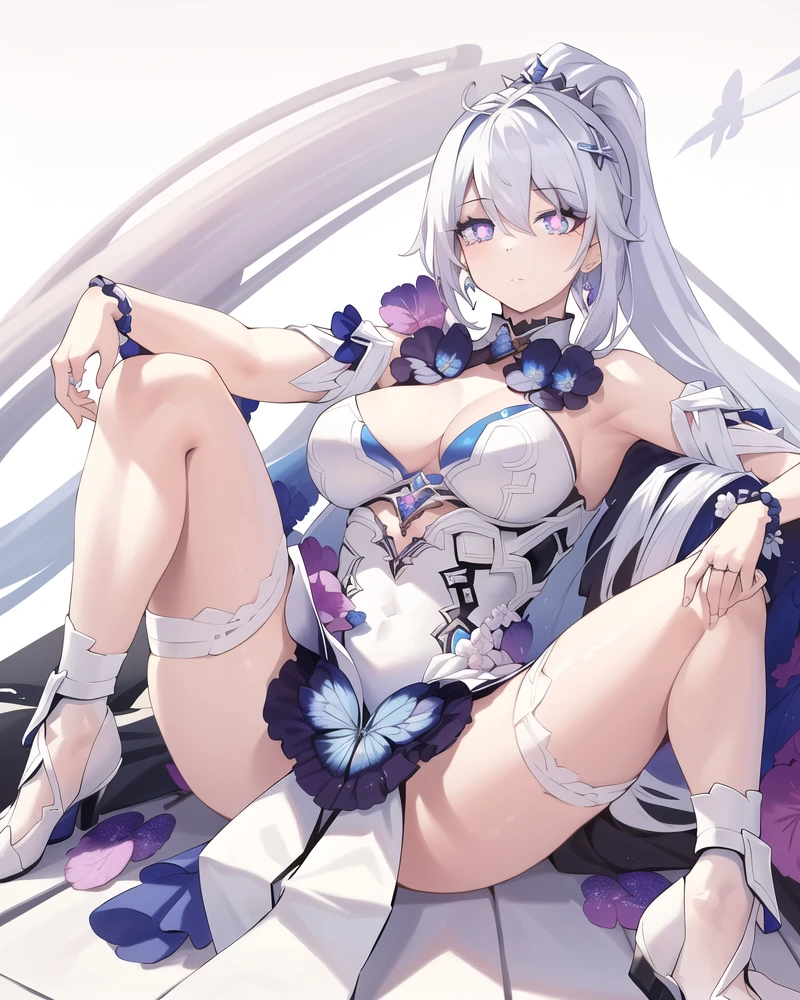 best quality,highly detailed,masterpiece,ultra-detailed,solo,(1girl),(Delicate eyes),(white background:1.3),breasts,dress, earrings,blue_eyes,symbol-shaped_pupils, ponytail,jewelry, very_long_hair, looking_at_viewer