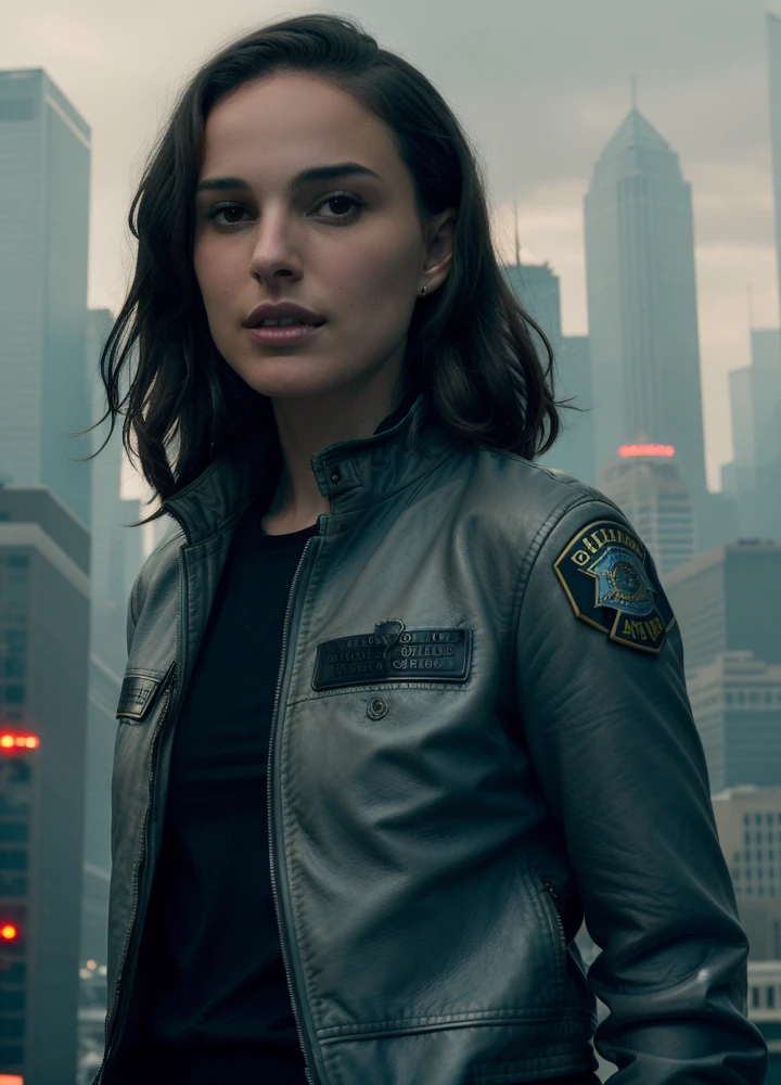 Portrait of natlp as a beautiful female model, georgia fowler, beautiful face, with short dark brown hair, in cyberpunk city at night. She is wearing a leather jacket, black jeans, dramatic lighting, (police badge:1.2)