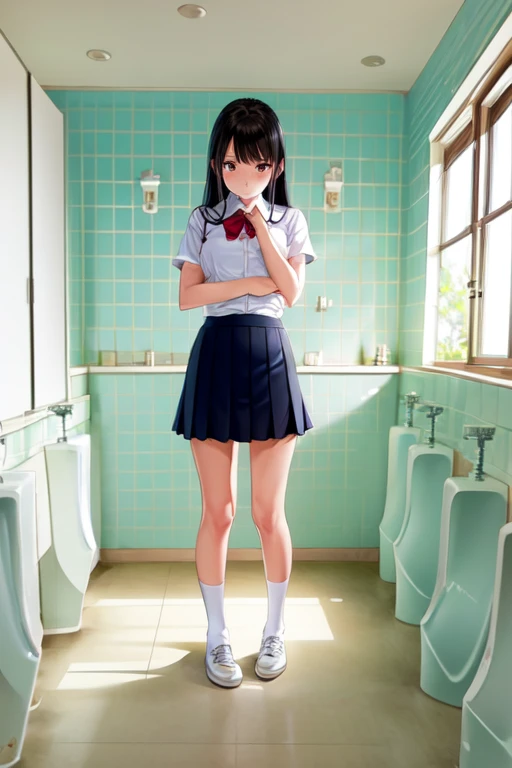 masterpiece, best quality, ultra-detailed, illustration,
danshitoire, syobenki, koshitsu, tile wall, tiles, indoors, scenery, faucet, door, window, tile floor, toilet,
1girl, teenage, embarrassed, school uniform, full body,