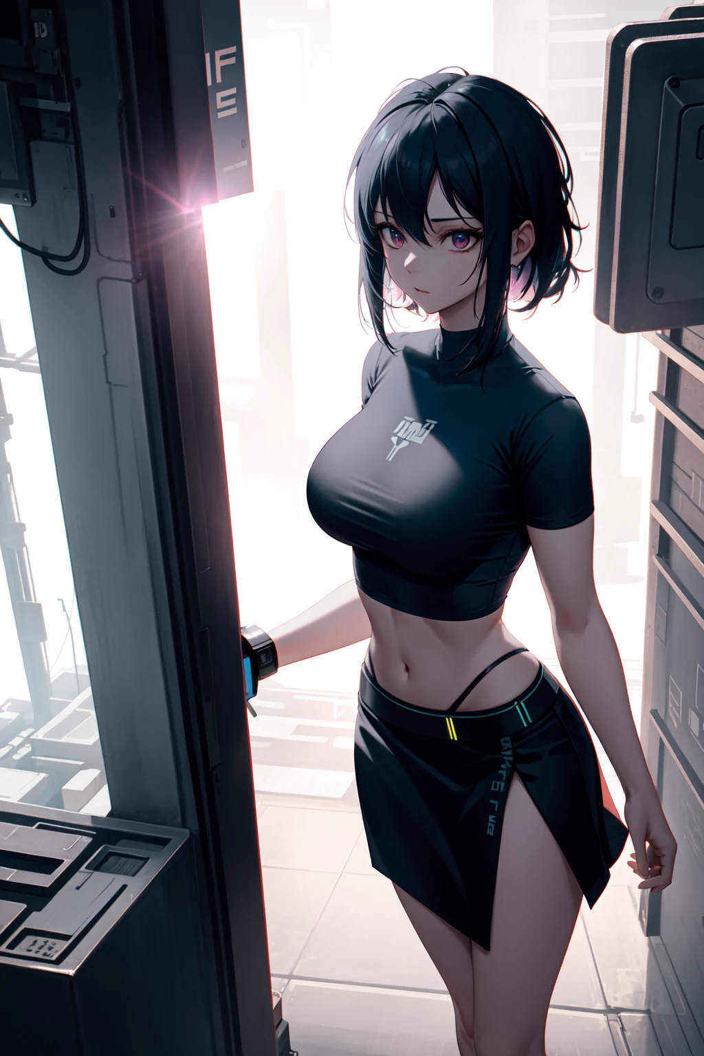 (Overhead view),dynamic angle,cyberpunk, shirt, skirt, backlighting, midriff, intricate,