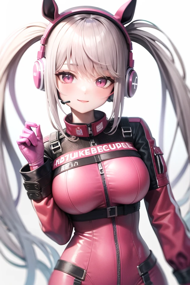 1girl, animal ears, bangs, blush, bodysuit, breasts, closed mouth, fake animal ears, gloves, headphones, headset, horse ears, impossible clothes, jacket, large breasts, long hair, long sleeves, looking at viewer, pink bodysuit, pink eyes, simple background, skin tight, smile, solo, twintails, upper body, very long hair, white background, white gloves, white hair,alice \(nikke\),(masterpiece:1.4),(best quality:1.4),(shiny skin),realistic