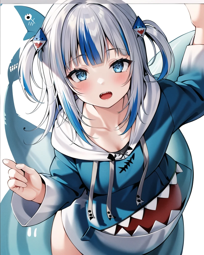 best quality,highly detailed,masterpiece,ultra-detailed,solo,(1girl),Delicate eyes,(white background:1.3),multicolored_hair, tail, virtual_youtuber, gawr_gura,expressionless, blue_hair, fish_tail, streaked_hair, shark_tail, hoodie, teeth, shark_hair_ornament, blue_eyes, hood, hair_ornament, blunt_bangs, open_mouth, blue_hoodie, solo, two-tone_hair, two_side_up, letterboxed, bangs, long_hair,