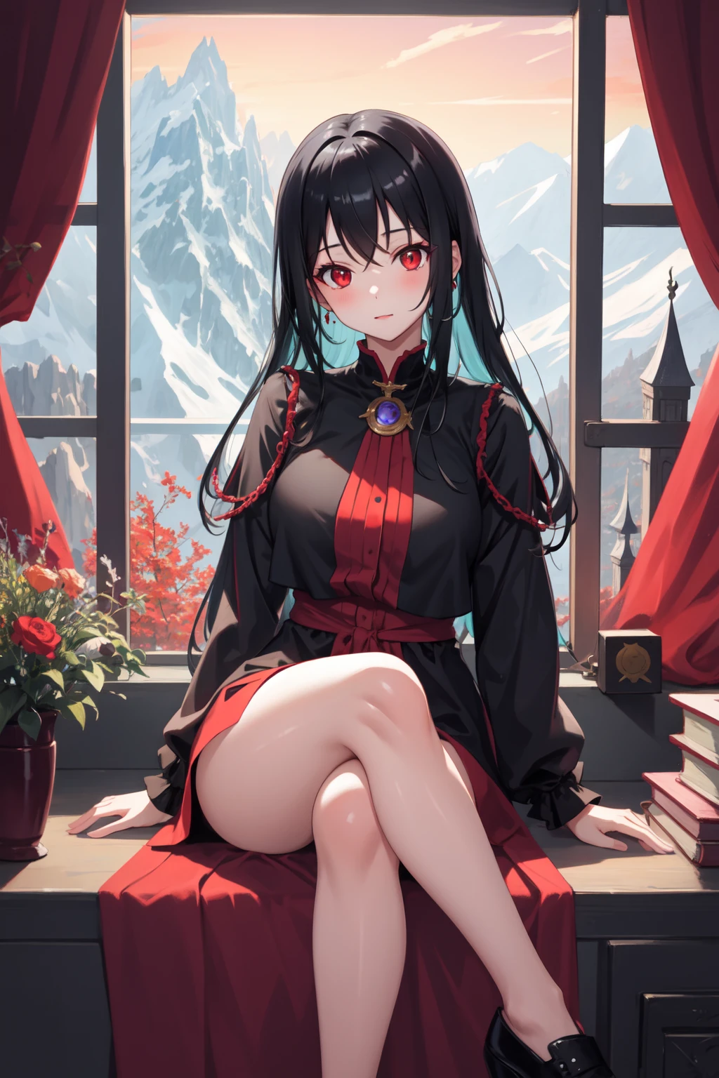 1girl, black hair, red eyes, sitting, fantasy clothes, window with a mountain outside during dawn,