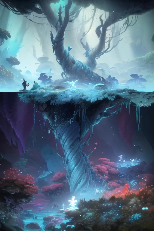 <lora:S2-Ori-ArtStyle-000008:1>,by Pino Daeni, by Ruan Jia, by Alayna Lemmer, by Carlo Galli Bibiena,
blue light, water, fish, 
deep sea cave with water lake,
glowing mushroom,
(Ori and the Blind Forest), (Ori and the Will of the Wisps), 2D game, digital art,
realistic proportions, sharp focus, (HDR), (8k), (gigapixel), ((masterpiece))
