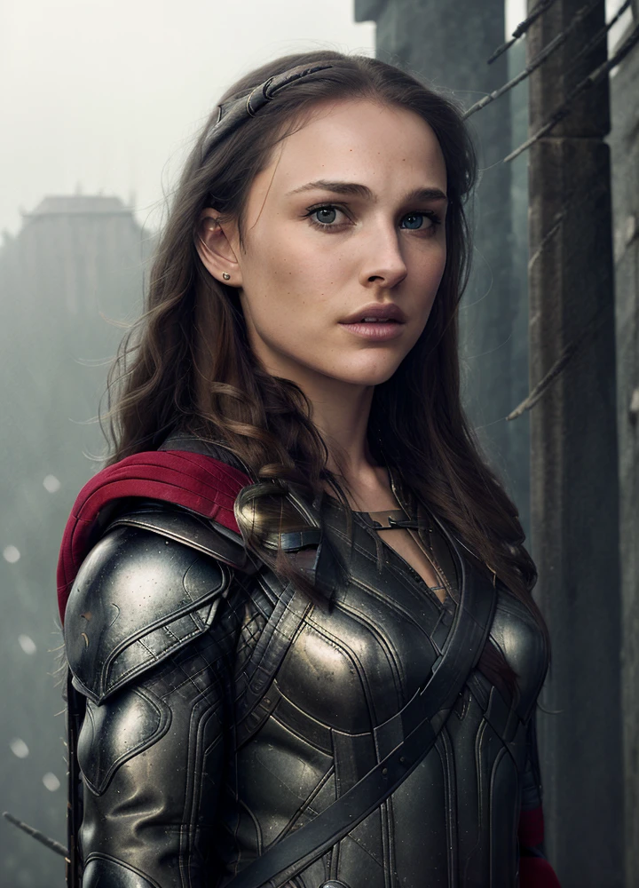 (sharp focus:1.2), photo, attractive young woman, (natlp), detailed eyes, luscious lips, (winged eyeliner:0.85), (thor cosplay:1.2), (dark hair:1.2), wearing (jacket:1.2) at a (shop:1.2). (moody lighting:1.2), depth of field, bokeh, 4K, HDR. by (James C. Christensen:1.2|Jeremy Lipking:1.1).