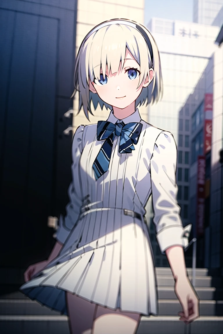 <lora:okuzora kohaku:0.7>,okuzora kohaku,
(best quality),(masterpiece),highres,ultra-detailed,illustration,(detailed light),
solo,1girl,teenage,
blonde hair,short hair,hairband,bangs,blue eyes,ultra-detailed eyes,kind smile,white dress,long sleeves, bowtie, striped,outdoors, shibuya \(tokyo\),