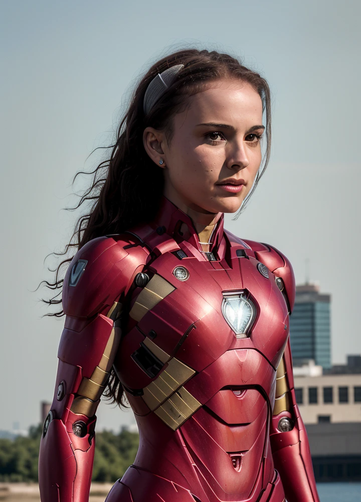 highres, masterpiece, 1girl, solo, best quality, realistic, outdoors, natlp, looking at viewer, perspective shot, (ironman suit), sweat, petite, navel, black hair, smirk, aroused,