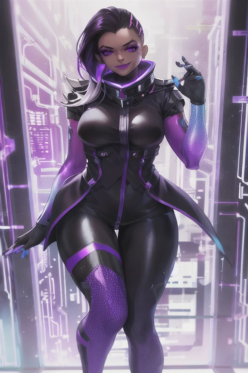 1girl, dark-skinned female, bodysuit, purple coat, high collar, legwear ,asymmetrical hair, purple eyes, purple hair, purple lips, mascara, mole under eye, seductive pose, eyeliner, eyeshadow, wide smile expression, <lora:sombraV1B:0.7>, perfect arms, nail polish, holographic interface, cyberpunk, hacker room, very detailed background, masterpiece, best quality, HDR, high quality, high-definition, CG