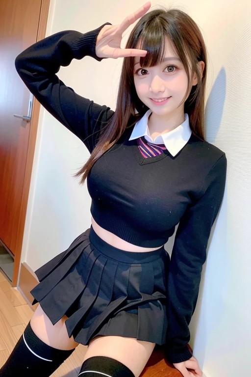 <lora:aiyami:0.6> ,aiyami, 1 girl, masterpiece, best quality,ultra high res, black skirt, thighhighs, ((school uniform)),  ((puffy eyes)), looking at viewer, facing front, smiling, laughing,