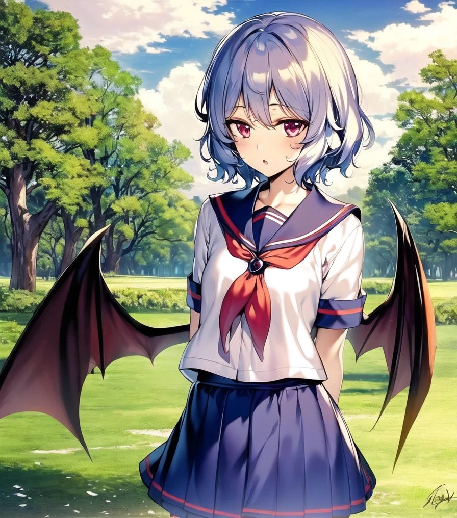 remilia scarlet, (masterpiece, best quality:1.2), extremely detailed, jewel like eyes <hypernet:Ke-Ta:0.9>, blue sky, clouds, park, trees, field, serafuku, white shirt, blue_sailor_collar, red_neckerchief, kitauji_high_school_uniform, blue skirt, pleated skirt, solo