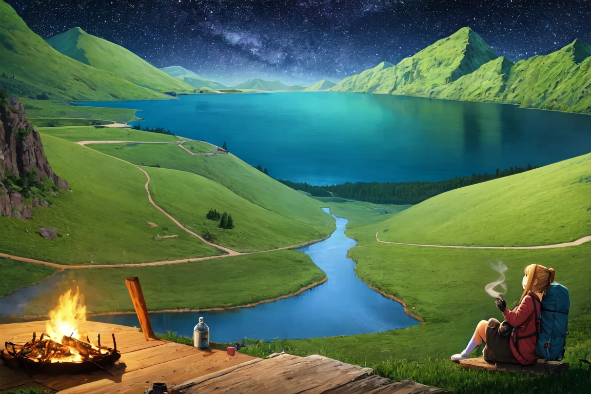 masterpiece, best quality, ultra-detailed, illustration, 1girl, solo, outdoors, camping, night, mountains, nature, stars, moon, bonfire, tent, twin ponytails, green eyes, cheerful, happy, backpack, sleeping bag, camping stove, water bottle, mountain boots, gloves, sweater, hat, flashlight, forest, rocks, river, wood, smoke, shadows, contrast, clear sky, constellations, Milky Way, peaceful, serene, quiet, tranquil, remote, secluded, adventurous, exploration, escape, independence, survival, resourcefulness, challenge, perseverance, stamina, endurance, observation, intuition, adaptability, creativity, imagination, artistry, inspiration, beauty, awe, wonder, gratitude, appreciation, relaxation, enjoyment, rejuvenation, mindfulness, awareness, connection, harmony, balance, texture, detail, realism, depth, perspective, composition, color, light, shadow, reflection, refraction, tone, contrast, foreground, middle ground, background, naturalistic, figurative, representational, impressionistic, expressionistic, abstract, innovative, experimental, unique