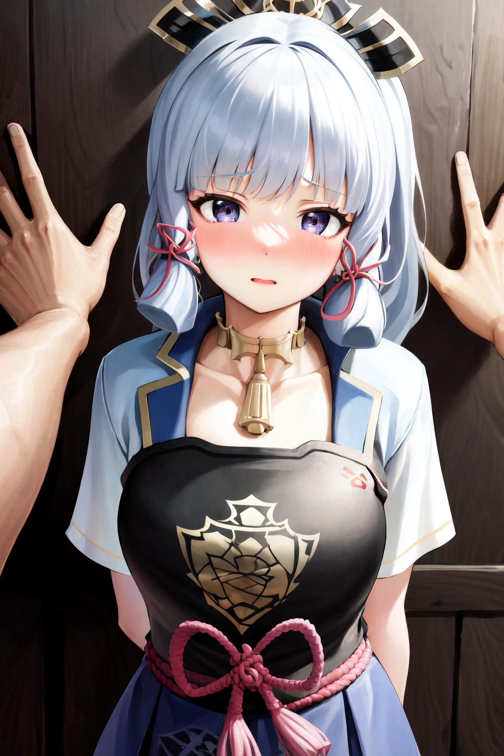 masterpiece, best quality, highres, 1girl, kamisato ayaka, shy, blush, arm behind back, kabedon, pov <lora:kabedon_pov:1.5> <lora:kamisato_ayaka:1>