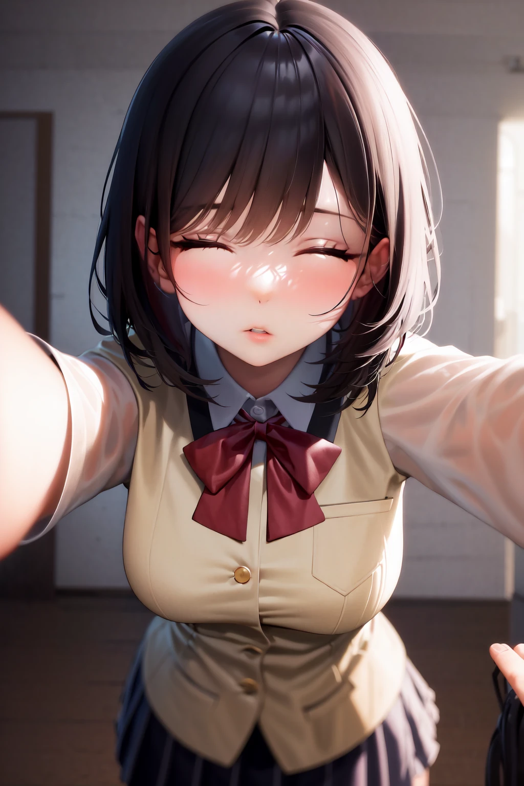 masterpiece, best quality, highres, 1girl solo, kabedon pov, expressionless, looking at viewer, closed eyes, natural lips, parted lips, school uniform, close-up <lora:kabedon_view:1.0>
