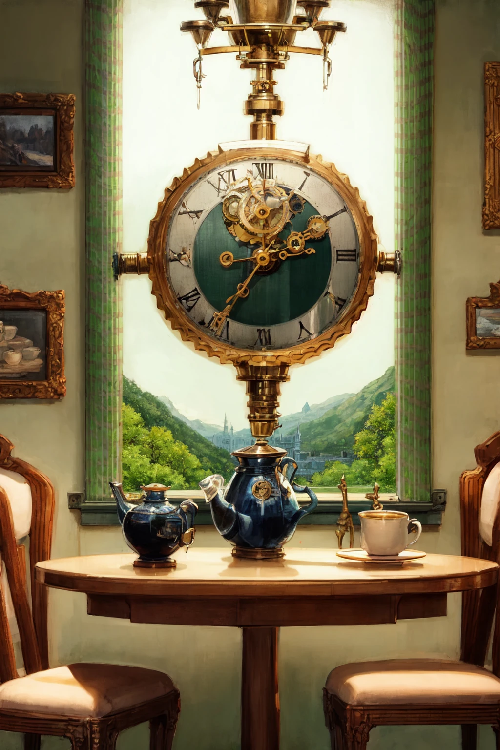 masterpiece, best quality, ultra-detailed, illustration, 1girl, solo, indoors, daytime, steampunk, clock, cafe, brown hair, top hat, goggles, corset, long skirt, boots, pocket watch, vintage, antique, brass, metal, gears, machinery, clockwork, clock tower, ornate, elegant, classic, sophisticated, refined, poised, contemplative, thoughtful, curious, mysterious, enigmatic, watchful, intelligent, bookish, coffee, cake, pastry, teapot, cup, saucer, table, chair, wallpaper, chandelier, window, sunlight, shadow, contrast, perspective, depth, texture, detail, realism, impressionistic, expressionistic, abstract, surrealistic, innovative, experimental, unique, atmosphere, ambiance, mood, nostalgia, historical, cultural, technological, industrial, fantasy, imagination, creativity, artistry, craftsmanship, skill, precision, detail, composition, balance, harmony, rhythm, color, light, shadow, reflection, refraction, tone, contrast, foreground, middle ground, background, vanishing point, horizon line, focal point, naturalistic, figurative, representational.