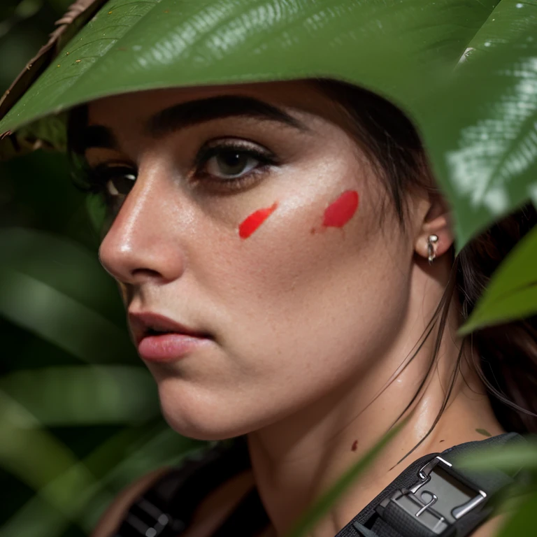 Closeup film still, of (young female Rambo), wearing tactical harness, (hiding in the jungle), (lush vegetation), (raining:0.8), dense jungle, toned body, beautiful face, seductive eyes, ((red war paint)), (highly detailed, hyperdetailed, intricate), edge lighting, prominent projected shadows, deep  soft depth of field, photographed on a Leica 10772 M-P, 35mm film lens, F/8 aperture, sharp focus, (RAW), cinematic film still from First Blood