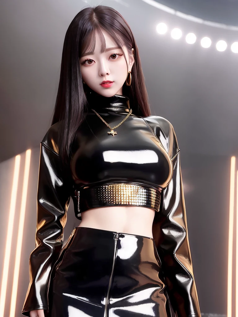 close-up portrait of yuna, black turtleneck topand a leather skirt, golden chain, (smiling:0.8), k-pop idol, red lips, slender body, standing in a nightclub, <lora:Yuna Itzy:0.8>